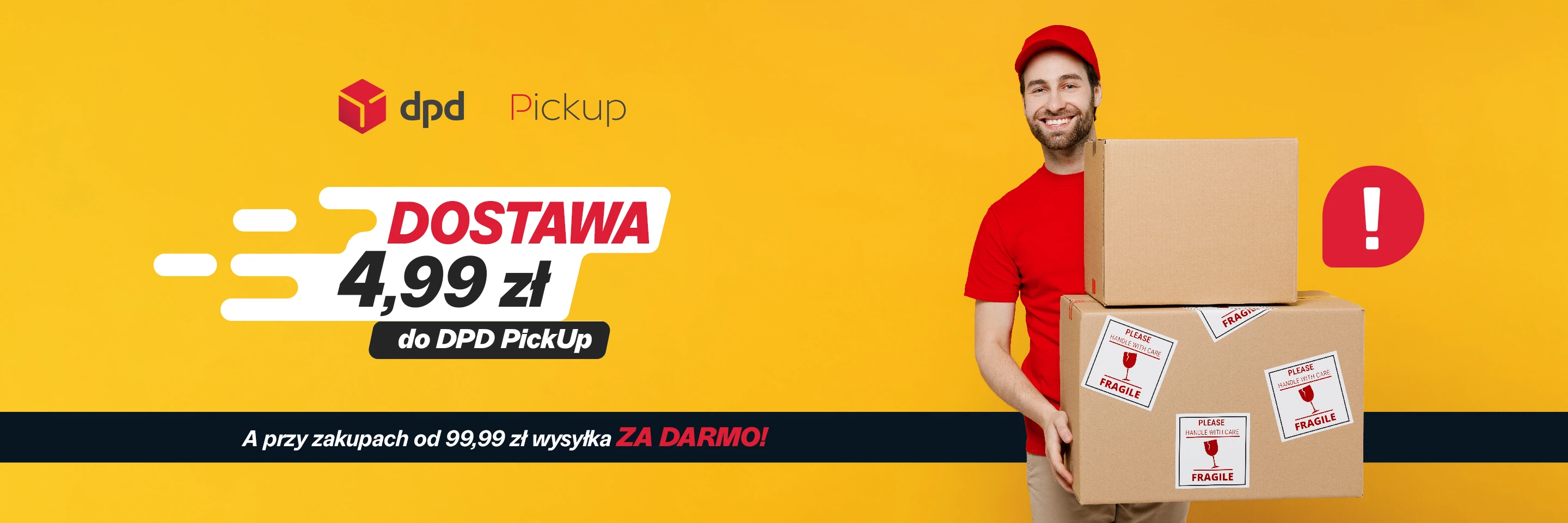 Baner prezentujący promocję na dostawę za 4,99 i darmowej dostawie od 99,99 zł do punktów DPD PickUp